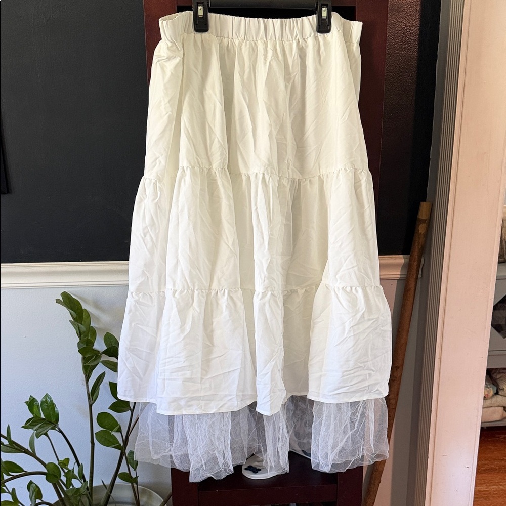 SHEIN White Tiered Maxi Skirt with Tulle Trim